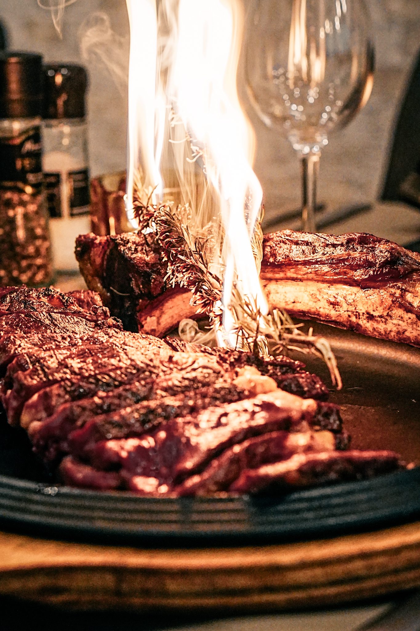 Flambéed steak